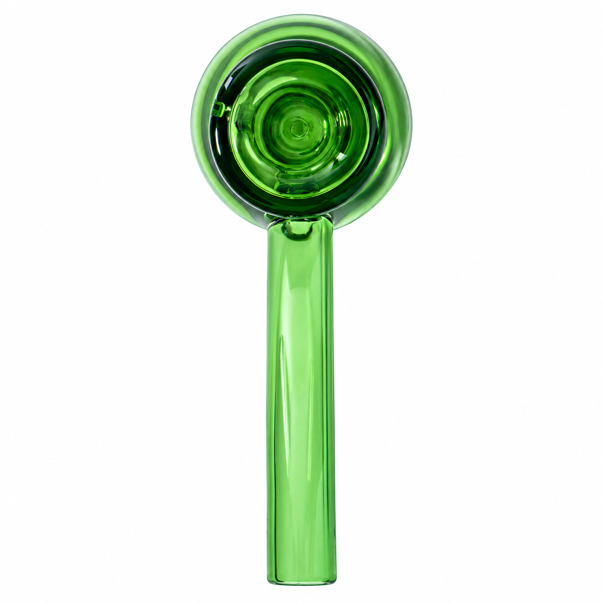 Top view of emerald Vesper glass hand pipe showing the deep round bowl, curved stem and compact tabletop shape