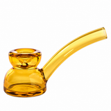 Honey-gold Vesper glass hand pipe with a rounded thick base, raised bowl and long curved borosilicate stem