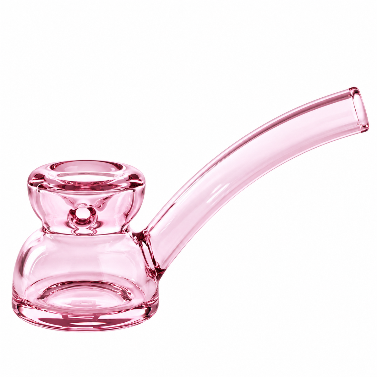 Pink Vesper glass hand pipe with a compact rounded chamber, deep bowl and elegant curved mouthpiece