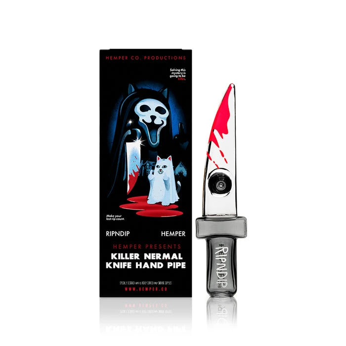 RIPNDIP x Hemper Killer Nermal Knife glass hand pipe with red blade accents and a gray handle beside its black box