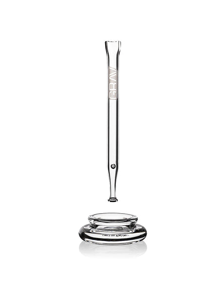 Clear GRAV quartz dab straw positioned vertically above a round dab dish, showing both pieces in the set.