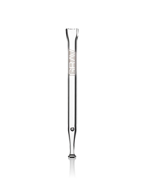 Clear GRAV quartz dab straw with a tapered tip, small side marble, and white logo along the shaft.