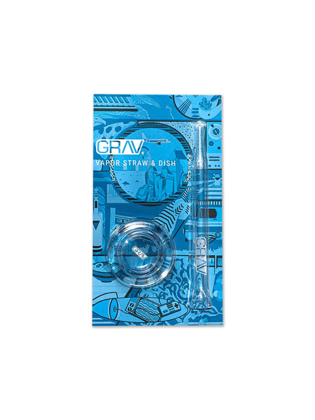 GRAV straw and dish set in blue illustrated retail packaging, with both clear pieces visible.