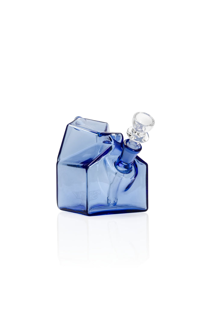 Light cobalt GRAV milk carton glass bubbler with square base and 10 mm female joint