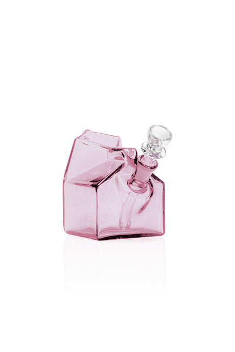 Pink GRAV milk carton glass bubbler with peaked carton top and removable clear bowl