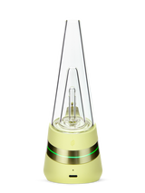 Puffco Peak Zest e-rig rear view showing USB-C port, green light ring, and clear glass top