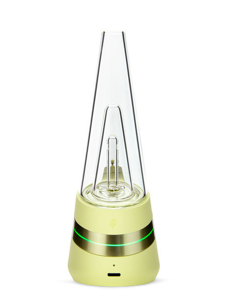 Puffco Peak Zest e-rig rear view showing USB-C port, green light ring, and clear glass top