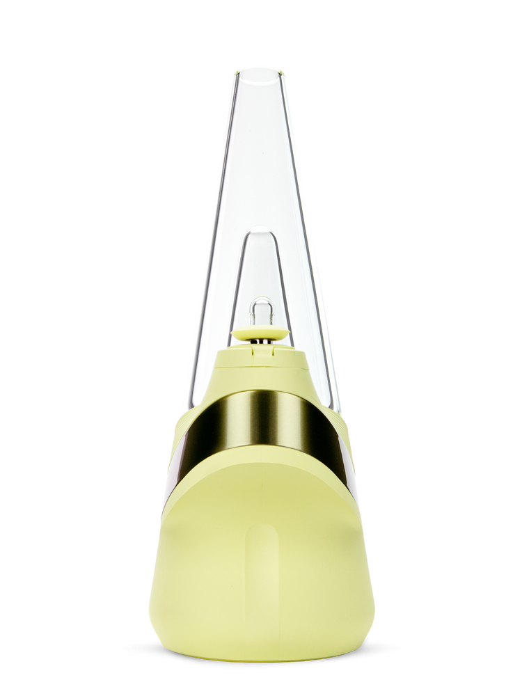Puffco Peak Zest smart e-rig front view with curved base, glass attachment, and metallic band