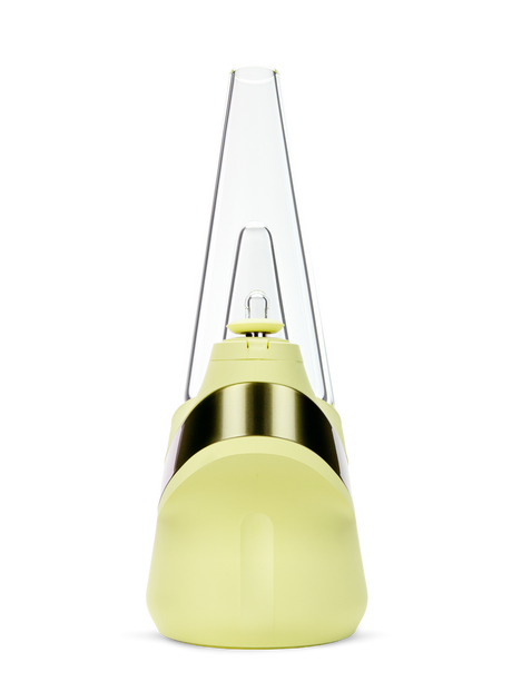 Puffco Peak Zest smart e-rig front view with curved base, glass attachment, and metallic band