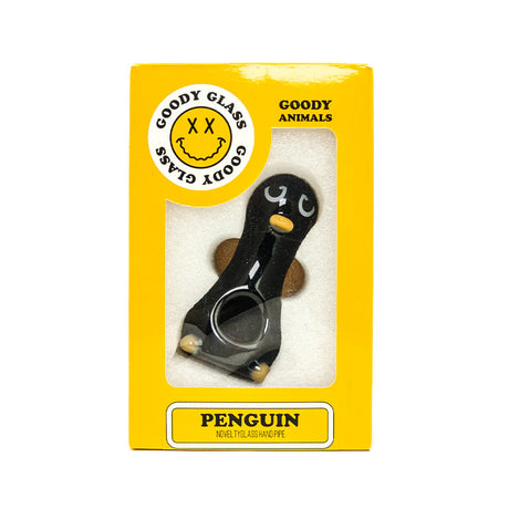 Goody Glass Penguin hand pipe in yellow Goody Animals box with black body and display window