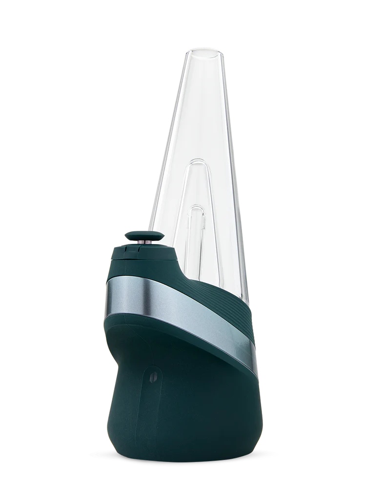 Puffco New Peak smart e-rig in limited Pine green, conical glass top and matte base with silver band, showing carb cap and mouthpiece.