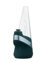 Puffco New Peak smart e-rig in limited Pine green, conical glass top and matte base with silver band, showing carb cap and mouthpiece.