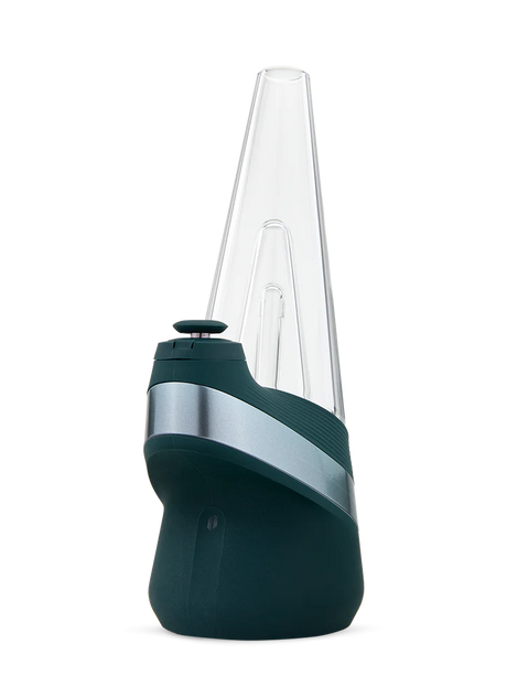 Puffco New Peak smart e-rig in limited Pine green, conical glass top and matte base with silver band, showing carb cap and mouthpiece.