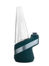 Side view of Puffco New Peak Pine e-rig highlighting angled glass top, ribbed grip, and silver accent band on the green base.