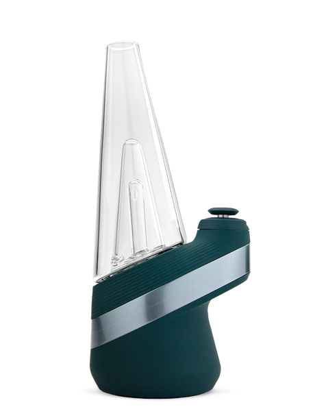 Side view of Puffco New Peak Pine e-rig highlighting angled glass top, ribbed grip, and silver accent band on the green base.