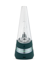 Front view of Puffco New Peak Pine smart rig with clear glass cone, inner percolator, and USB-C port visible on the base.