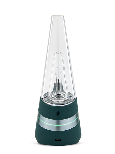 Front view of Puffco New Peak Pine smart rig with clear glass cone, inner percolator, and USB-C port visible on the base.