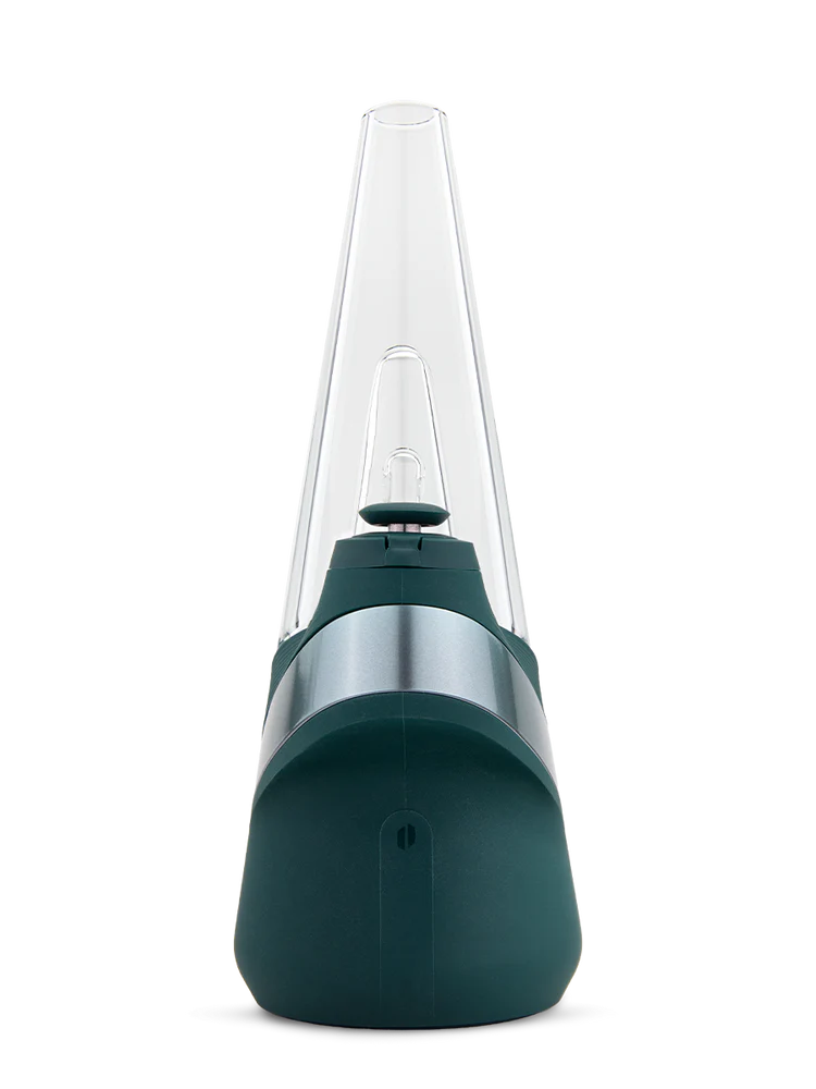 Rear view of Puffco New Peak Pine e-rig focusing on the conical glass and compact, curved green base.
