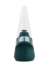 Rear view of Puffco New Peak Pine e-rig focusing on the conical glass and compact, curved green base.