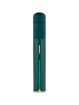 Puffco Pivot dab pen in limited Pine green with gold accents, closed mouthpiece and vertical light bar, slim pocketable design.