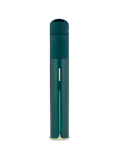 Puffco Pivot dab pen in limited Pine green with gold accents, closed mouthpiece and vertical light bar, slim pocketable design.