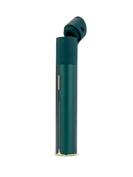 Puffco Pivot Pine with hinged mouthpiece popped open, showing compact 3D chamber housing on top of the pen.