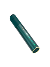 Angled view of Puffco Pivot Pine highlighting the slim tube body, LED light bar, and rounded gold end cap.