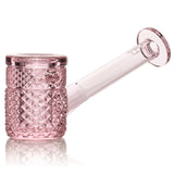 Pink Jane West glass hand pipe with rosy transparent body, textured bowl, and flat base