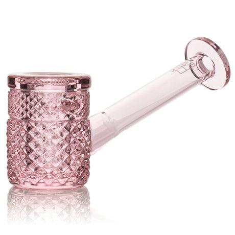 Pink Jane West glass hand pipe with rosy transparent body, textured bowl, and flat base
