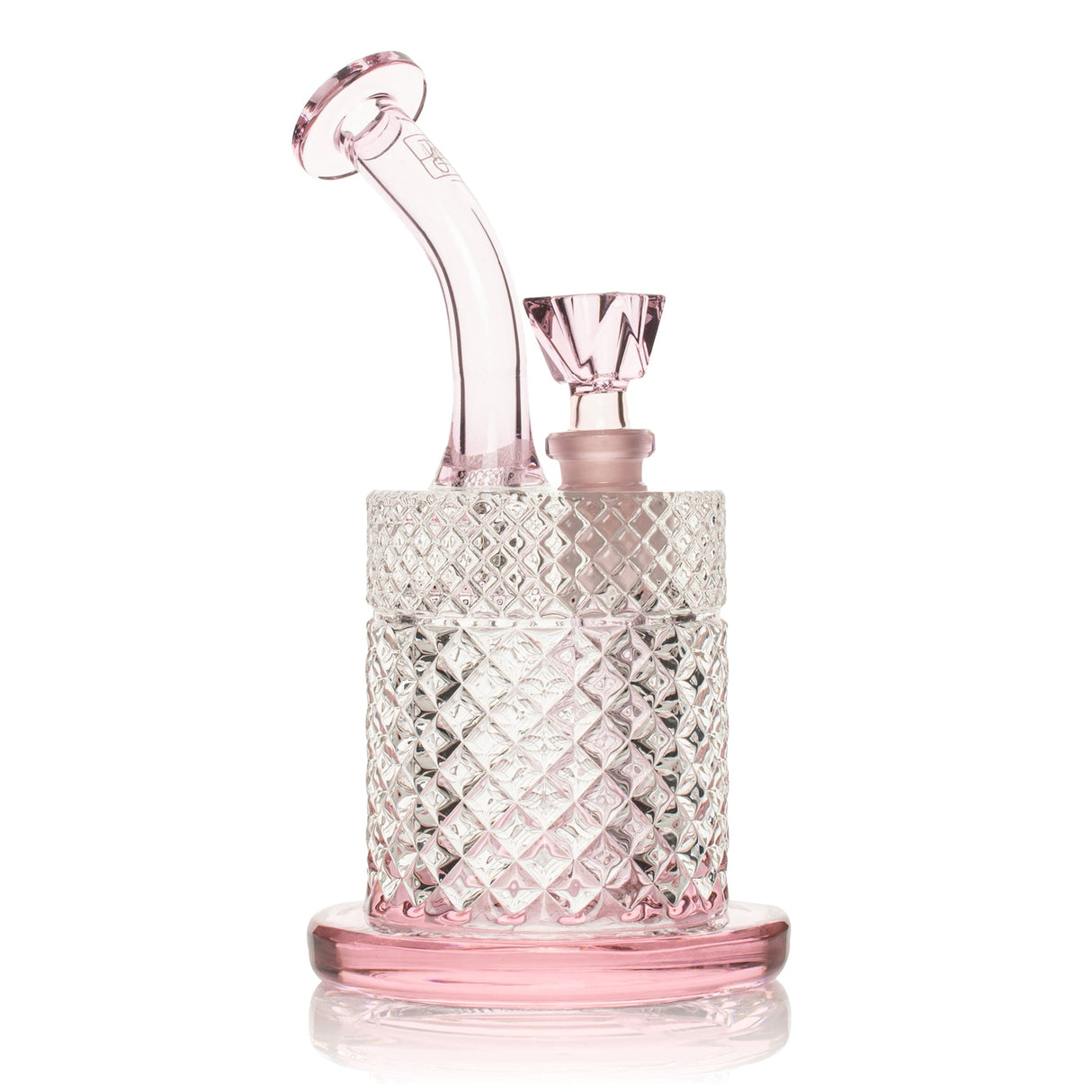 Pink Jane West water pipe front view with pale pink accents, square bowl, and textured chamber
