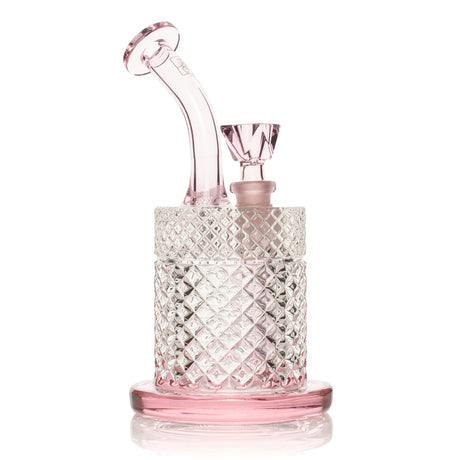 Pink Jane West water pipe front view with pale pink accents, square bowl, and textured chamber