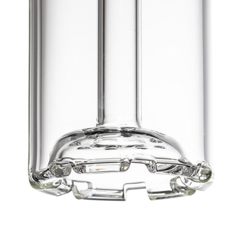 Side profile close-up of thick glass base and raised disc perc inside MJ Arsenal Piston bong, clear borosilicate.