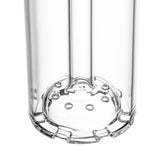 Detail of disc percolator at base of clear glass gravity bong, multi-hole diffusion plate for smoother filtration.