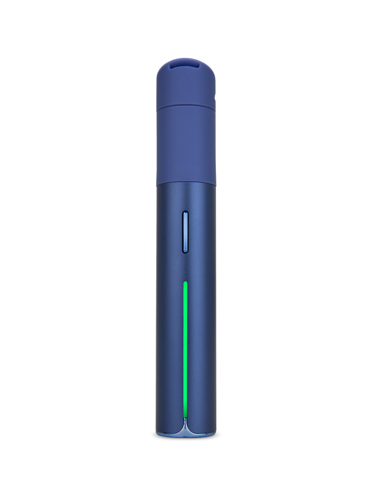 Puffco Pivot Sapphire dab pen front view with blue body, slim button, and green light bar