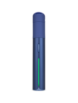 Puffco Pivot Sapphire dab pen front view with blue body, slim button, and green light bar