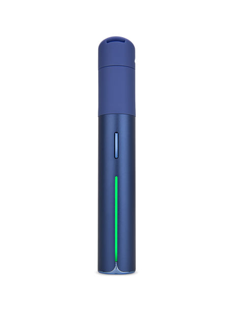 Puffco Pivot Sapphire dab pen front view with blue body, slim button, and green light bar