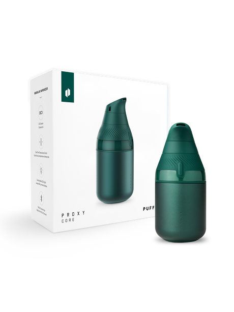 Pine Puffco Proxy Core Kit displayed beside white retail box with product graphics and icons