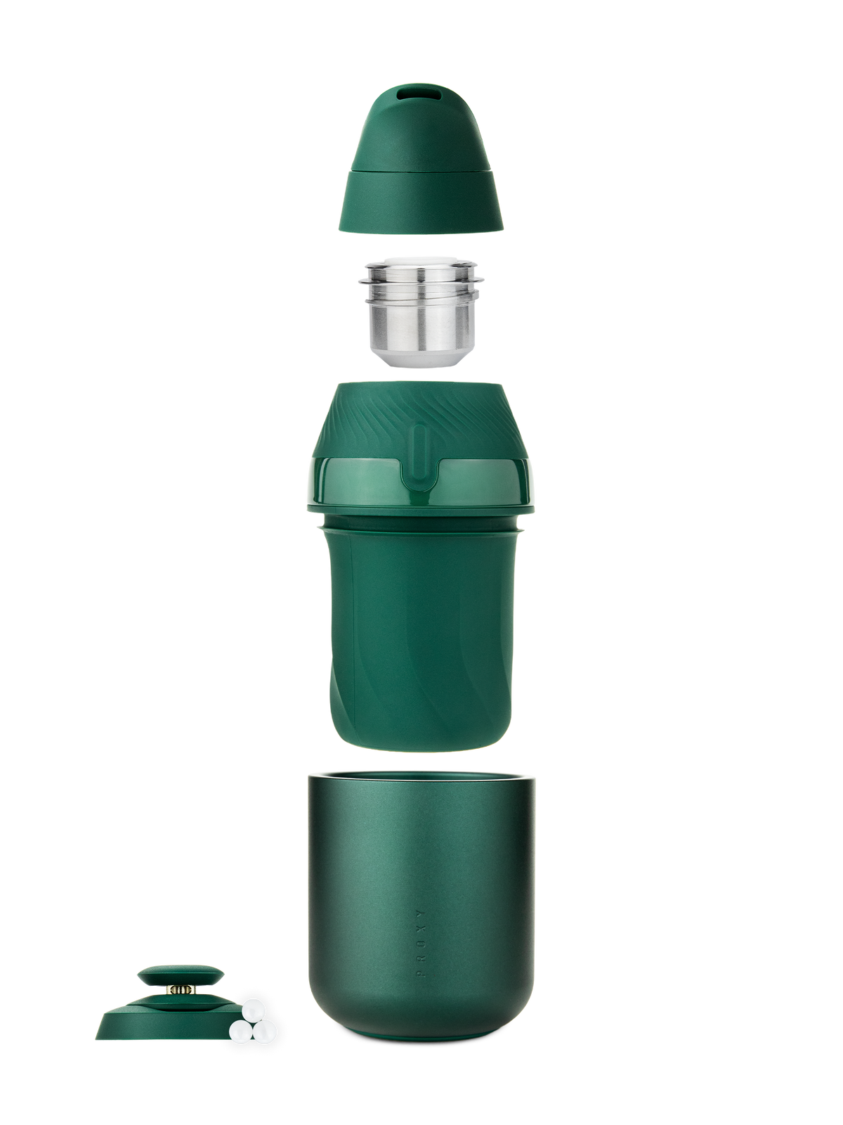 Exploded view of Pine Puffco Proxy Core Kit showing chamber, mouthpiece, cup, base, and terp pearls