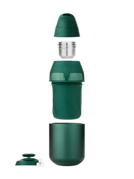 Exploded view of Pine Puffco Proxy Core Kit showing chamber, mouthpiece, cup, base, and terp pearls