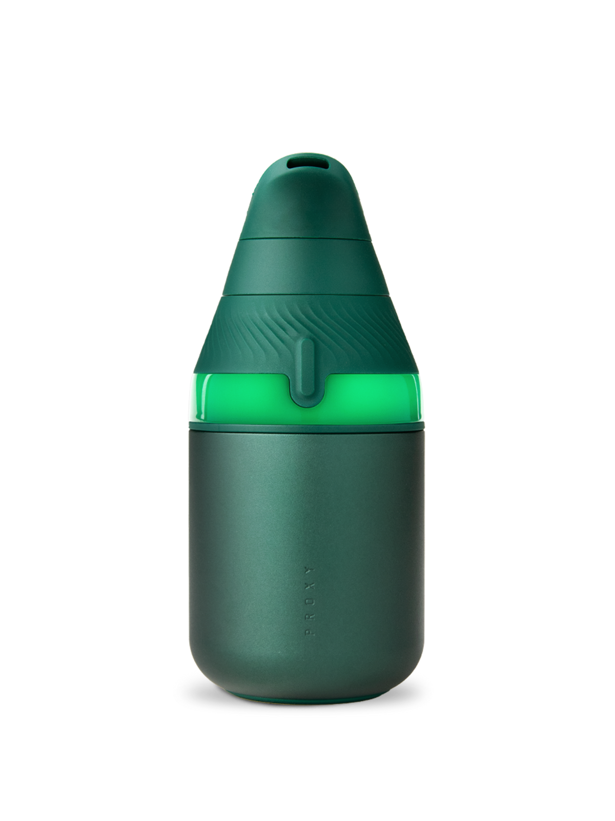 Pine Puffco Proxy Core vaporizer powered on with glowing green light band and matte body