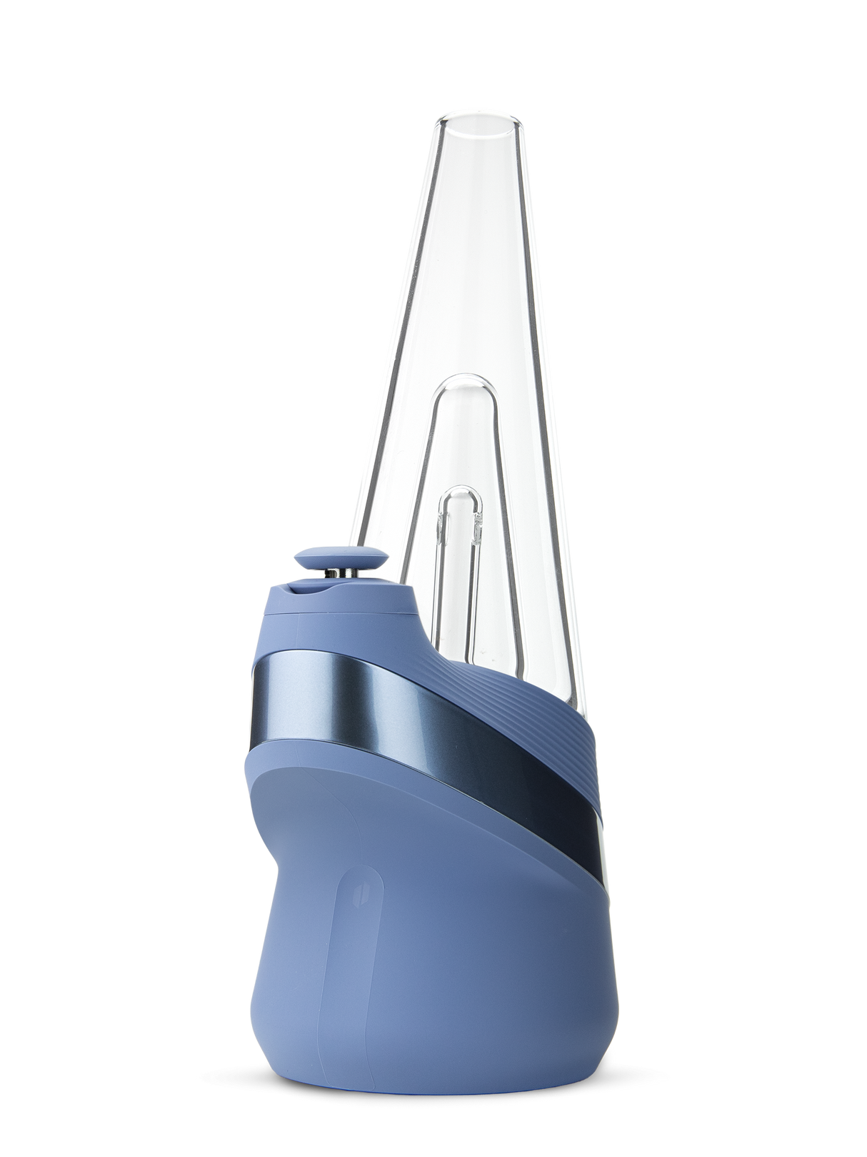 Puffco Peak Sapphire smart e-rig front view with tall clear glass and compact blue base