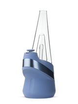 Puffco Peak Sapphire smart e-rig front view with tall clear glass and compact blue base