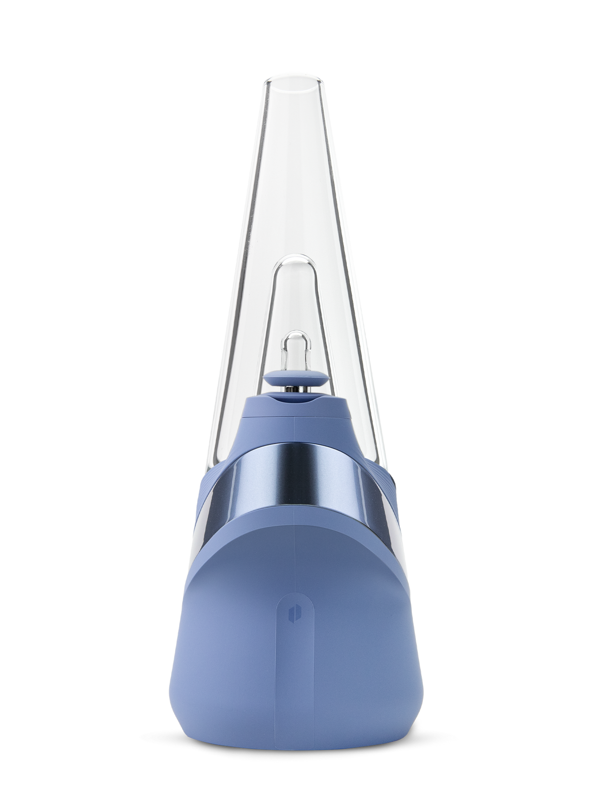 Puffco Peak Sapphire smart e-rig front view with tall clear glass and compact blue base