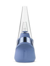 Puffco Peak Sapphire smart e-rig front view with tall clear glass and compact blue base