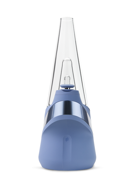 Puffco Peak Sapphire smart e-rig front view with tall clear glass and compact blue base