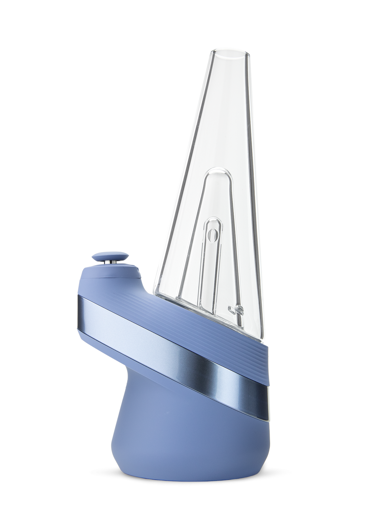 Puffco Peak Sapphire smart e-rig side view with ribbed blue band and clear glass top