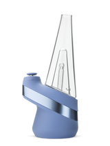 Puffco Peak Sapphire smart e-rig side view with ribbed blue band and clear glass top