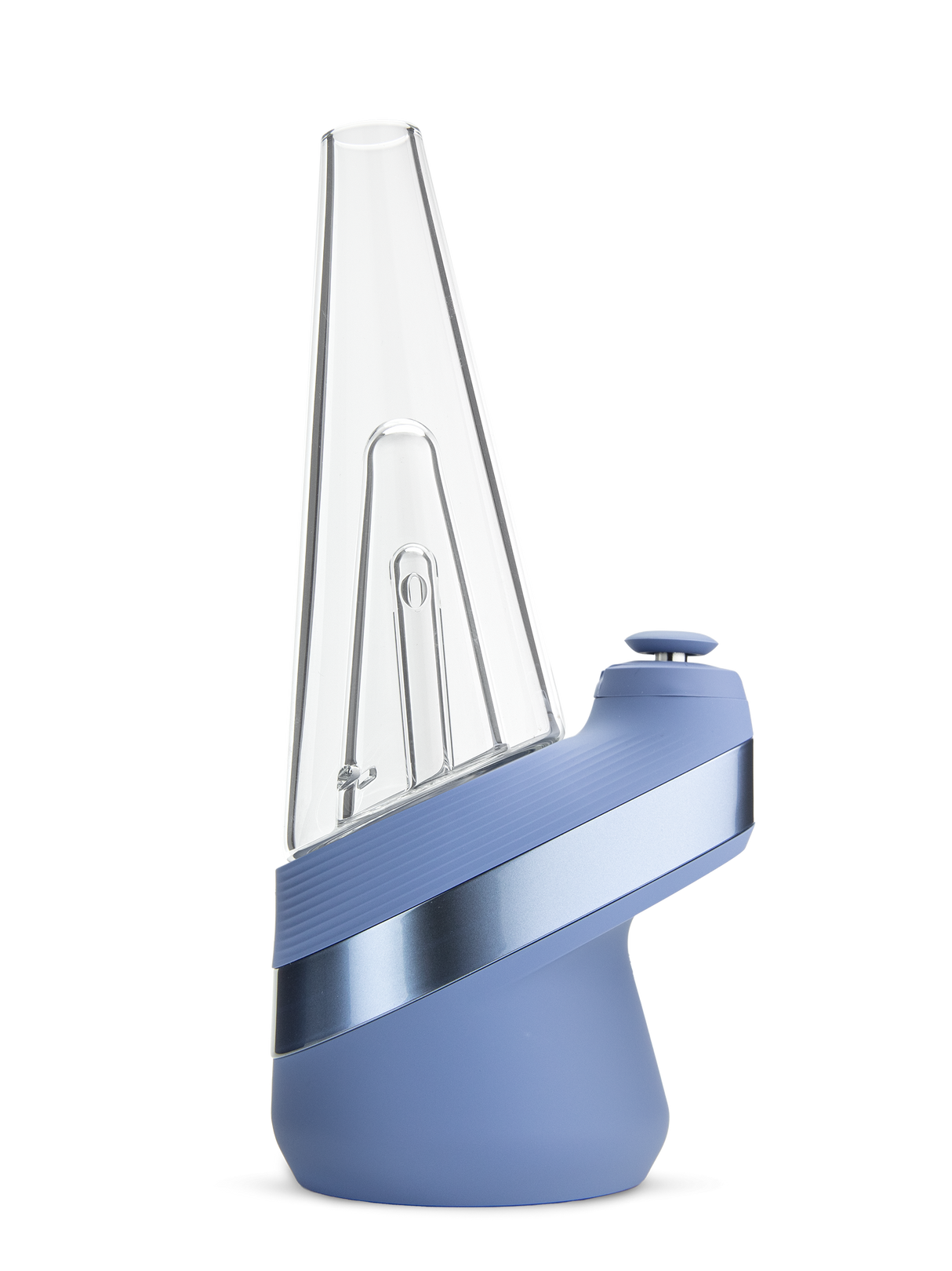 Puffco Peak Sapphire e-rig right side with metallic blue accent band and glass attachment