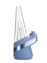 Puffco Peak Sapphire e-rig right side with metallic blue accent band and glass attachment