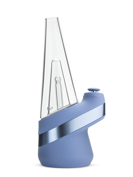 Puffco Peak Sapphire e-rig right side with metallic blue accent band and glass attachment